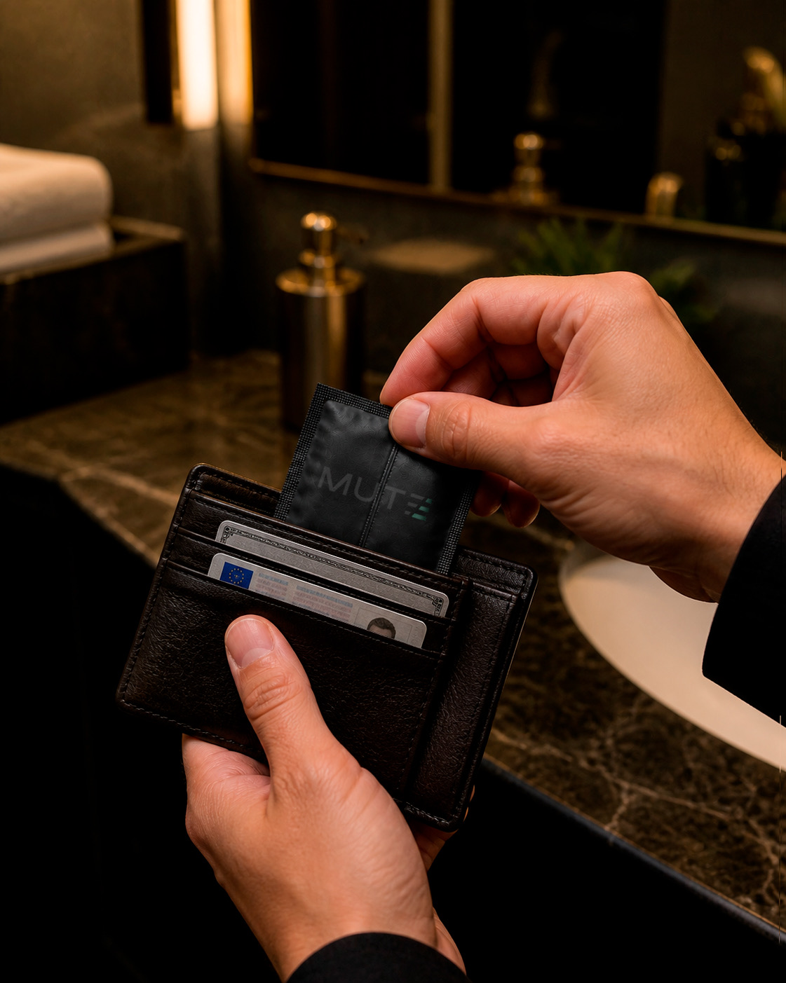 Un sachet MUTE Pieds sort d’un portefeuille, au-dessus d’un lavabo